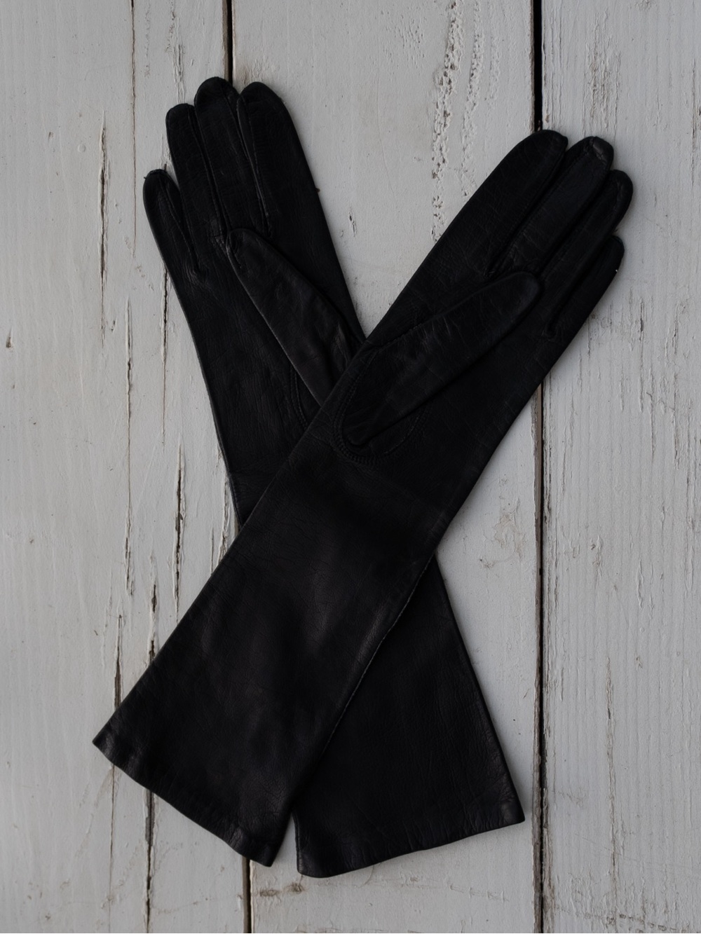 Vintage Made in Belgium Black Kidskin Leather Opera Gloves 100% Silk Lining 7